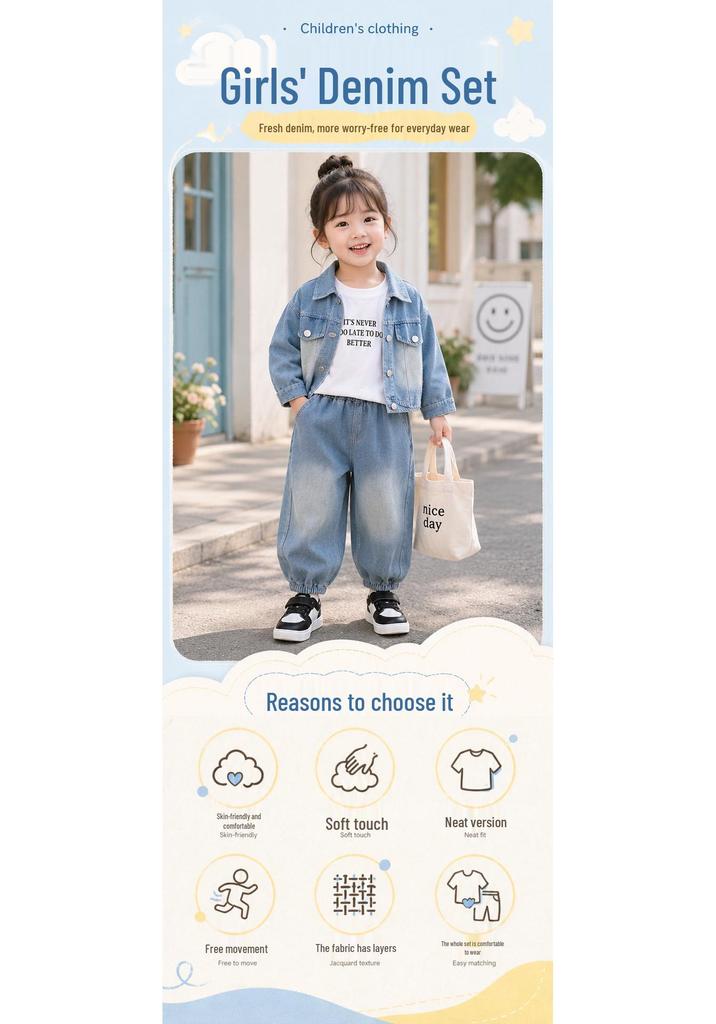 Girls' Korean Style Denim Set - Spring/Autumn 2026 Fashionable Outfit with Jacket and Pants
