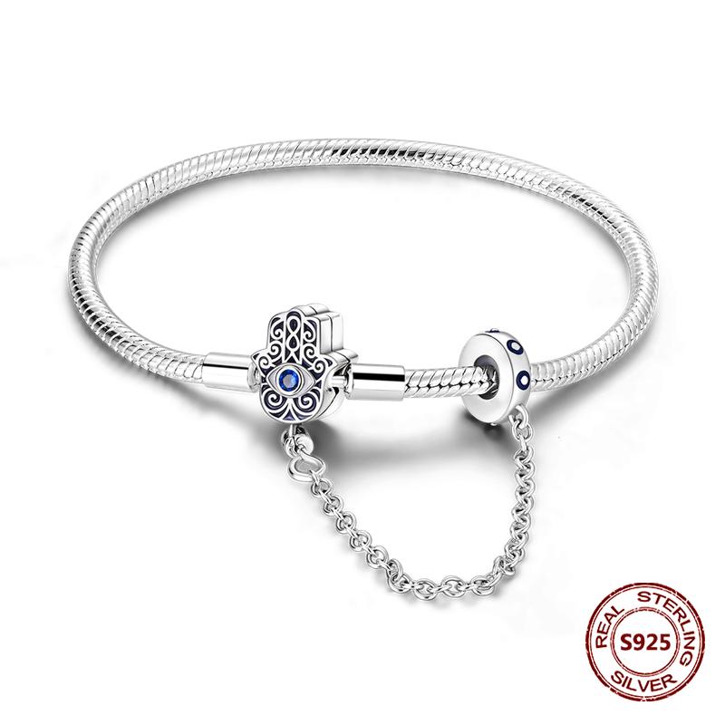 Pink Love Heart Silver 925 Bracelet Original Bracelets Zircon Cat Paw Snake Chain For DIY Charms 17-20CM Wedding Jewelry Gifts