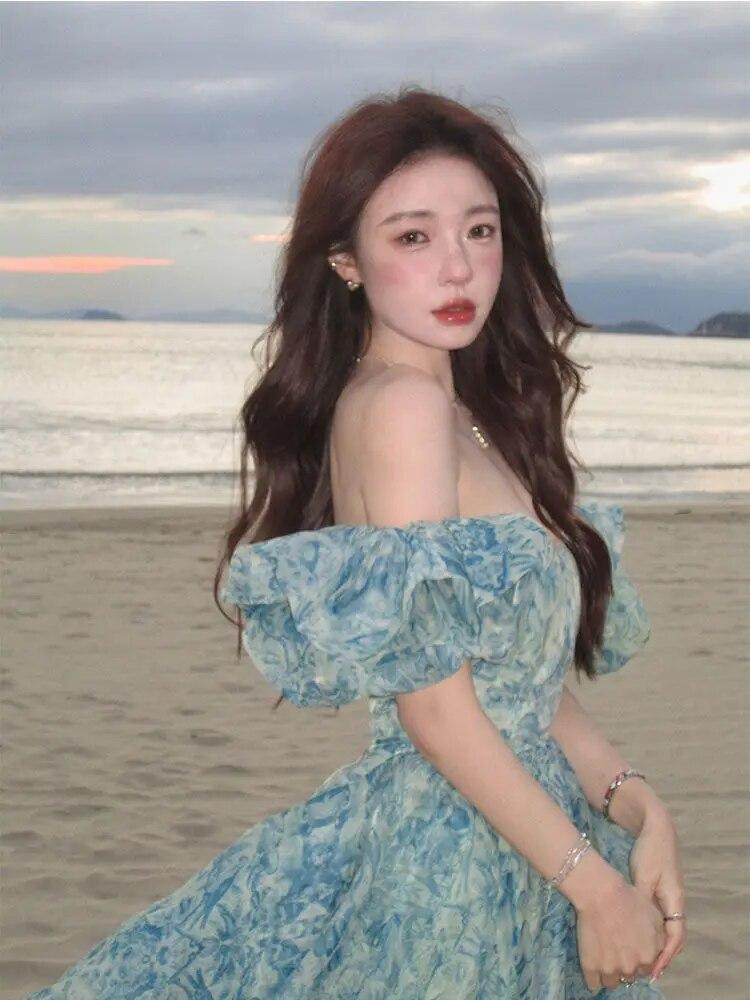 Floral Print Evening Party Dress Women 2026 Puff Sleeve Elegant Princess Long Dres Ladies France Vintage Open Fork Dress Summer