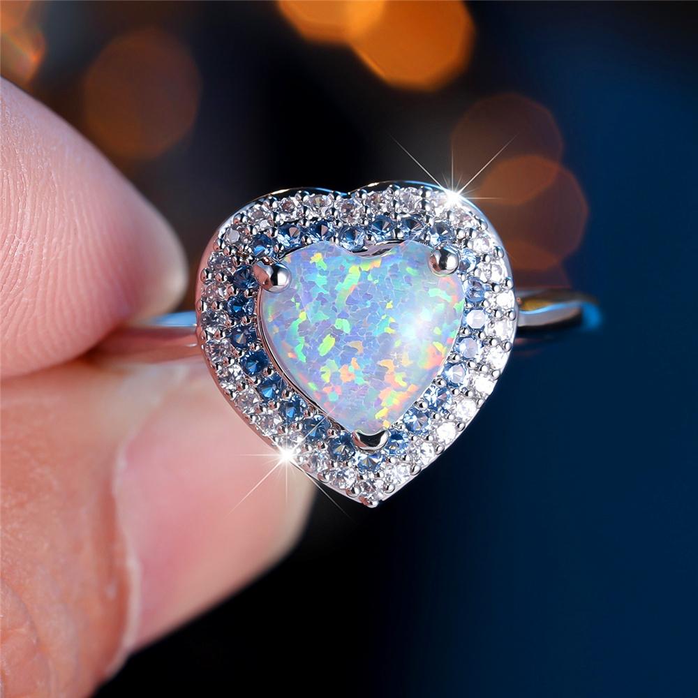 Trendy White Opal Crystal Love Heart Stone Vintage Silver Color Wedding Bands Engagement Rings For Wome Jewelry