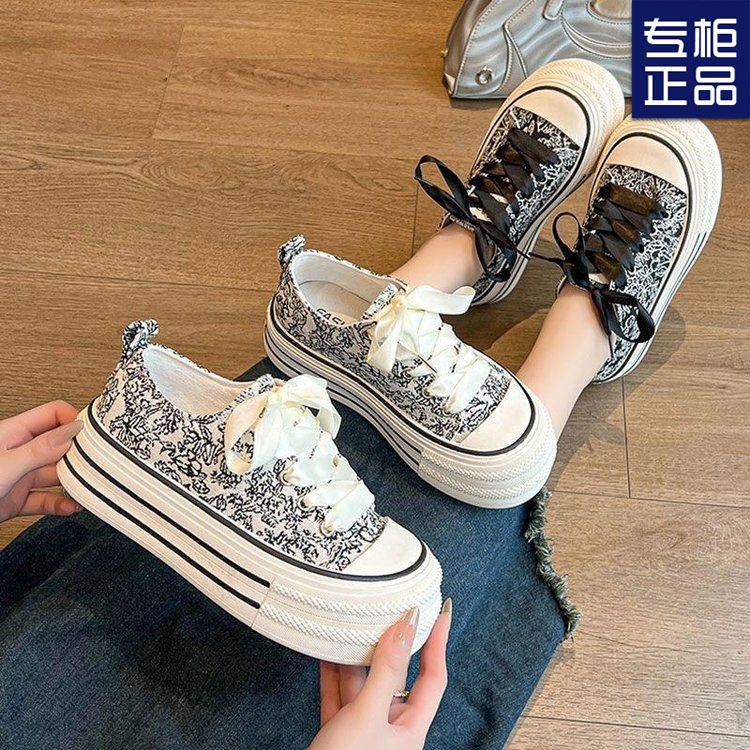 Guofeng Chinese Canvas Shoes Women's Platform New Printing Embroidery Lace-up Versatile Casual Shoes Platform