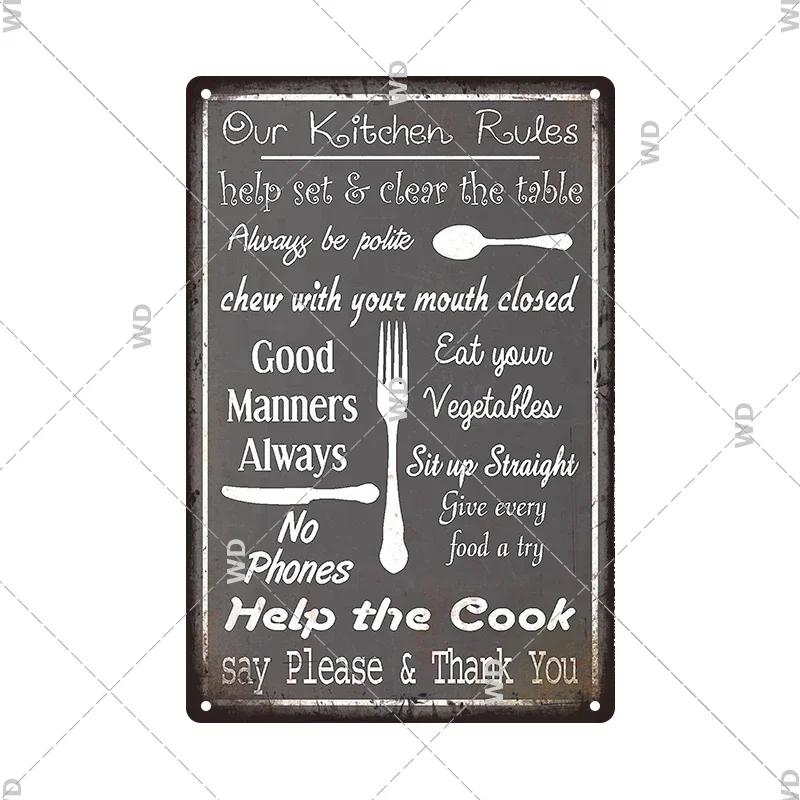 Retro Tin Sign Kitchen Rules Food Iron Painting Wall Art Metal Vintage Plaque Metal Posters for House Home Dinning Room Decor