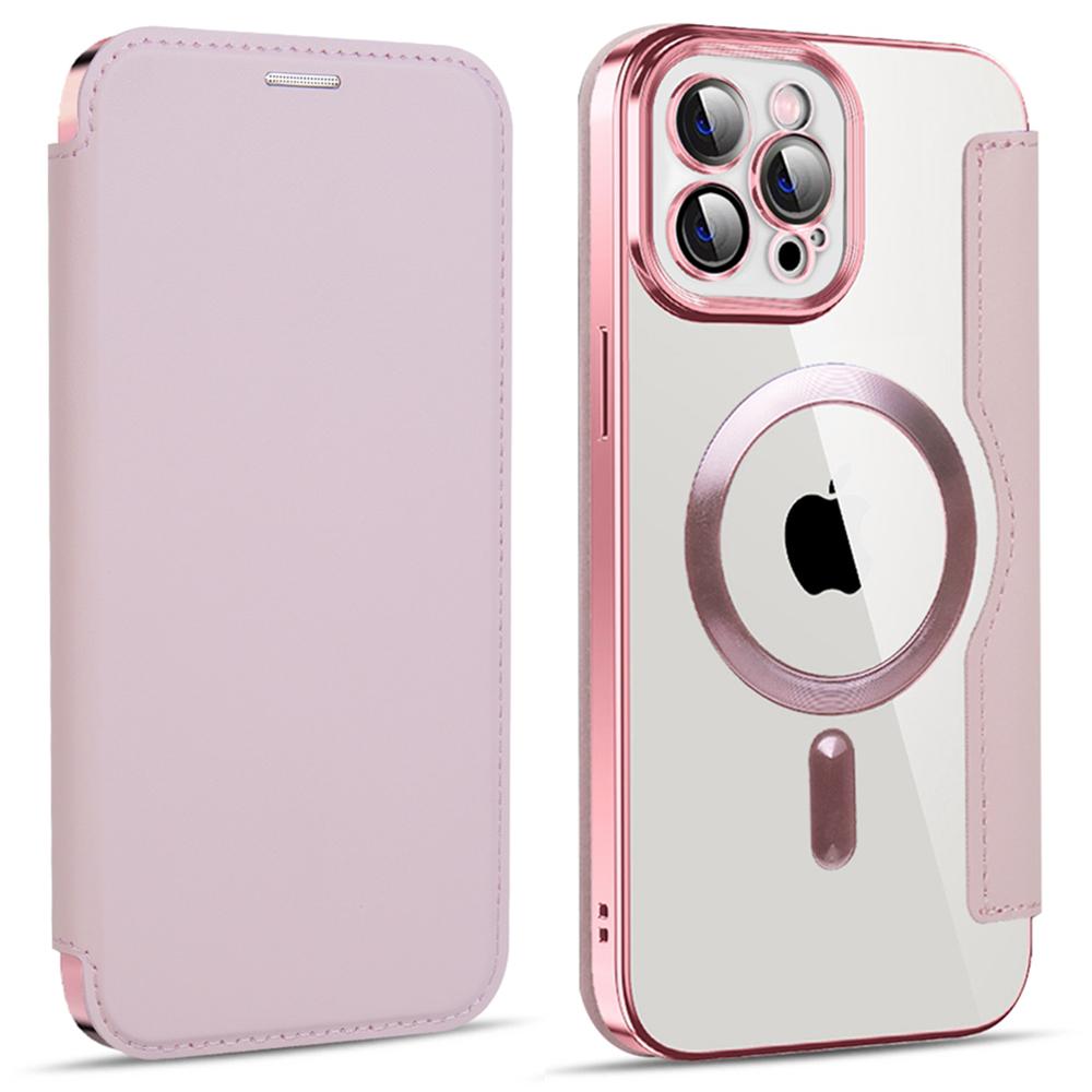 For iPhone 11 Pro Max 6.5 inch Compatible with MagSafe RFID Blocking Card Slots PU Leather+TPU Electroplating Clear Back Flip Case with Lens Film