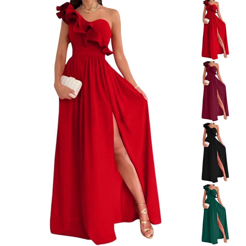 Sleeveless One Shoulder Maxi Dress with Ruffle Detail and Side Slit Floor Length Evening Gown for Women
