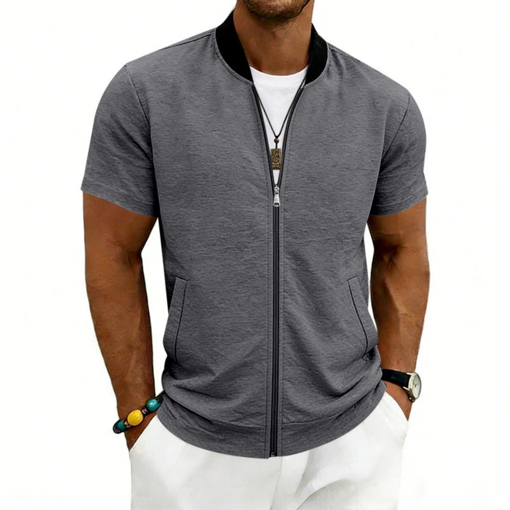 Men Short Sleeve Jacket Lightweight Zipper Front Casual Stand Collar Outerwear for Summer Spring Fall