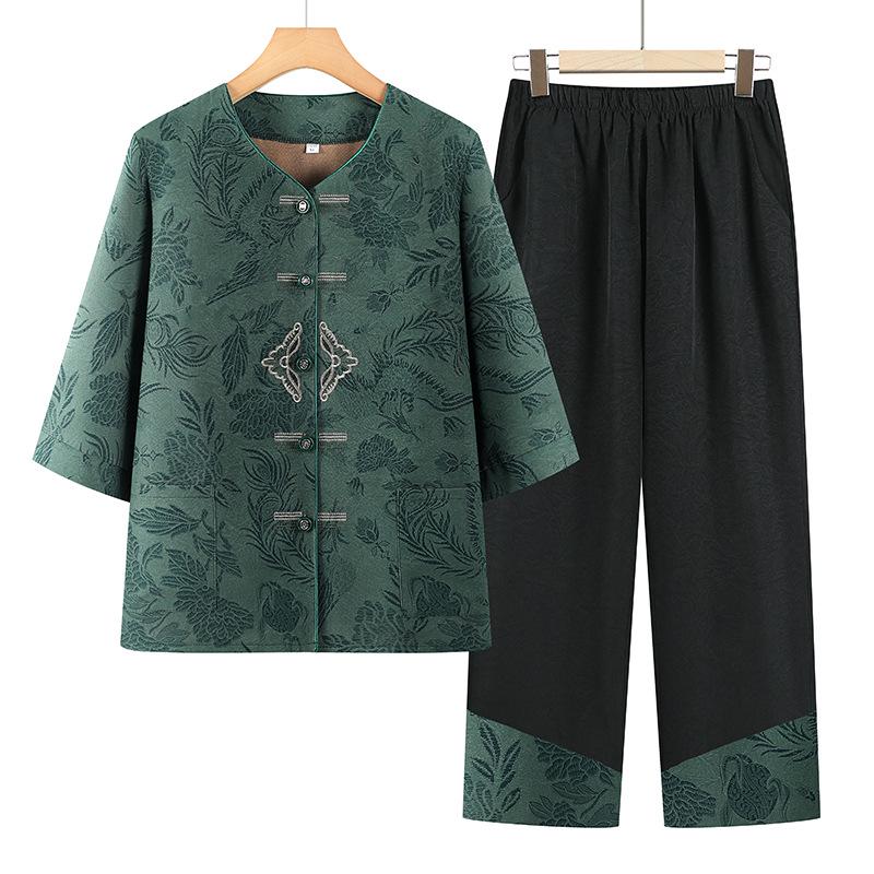 

Women s Chinese Style Summer Set: Three-Quarter Sleeve Top & Pants for Middle-aged & Elderly 5XL (73-80 kg) зелёный