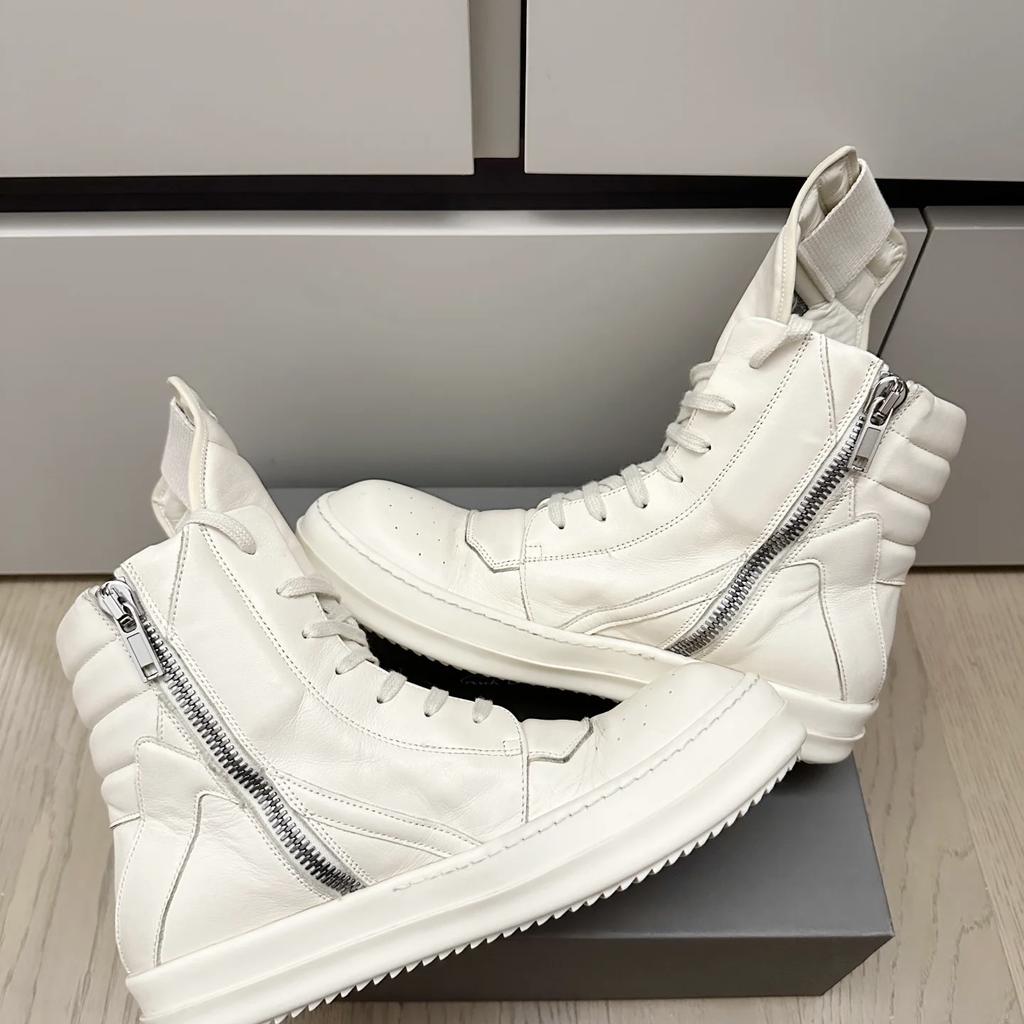 High Top White Ankle Boot Geobasket Leather Casual Sneaker for Men and Women Zipper Lace-Up Flat Thick-Sole Shoe