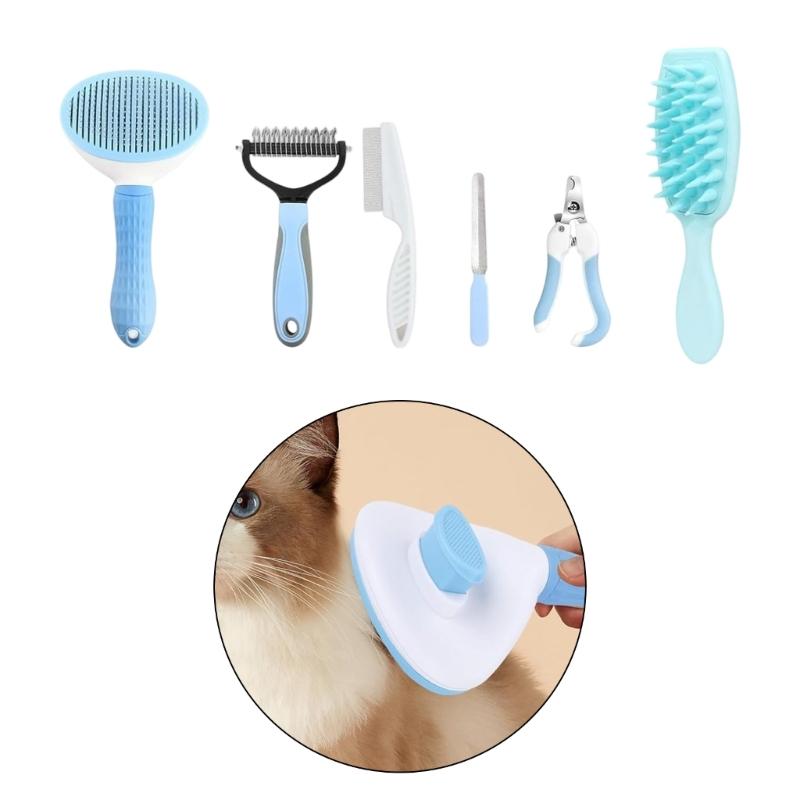 Cats Dogs Rabbits Grooming Set with Brush Comb and Nail Cutter Supplies, Plastic Handles and Metal Grooming Parts for Domestic Coat Care