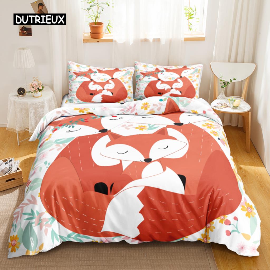 Fox Duvet Cover Set Kids Cartoon Fox Comforter Cover Cute Orange Wildlife Duvet Cover for Boys Animal Twin Polyester Bedding Set