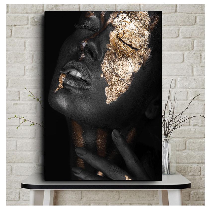 HD Oil Painting On Canvas Posters And Prints Scandinavian Wall Art Pictures for Living Room African Black And Gold Woman