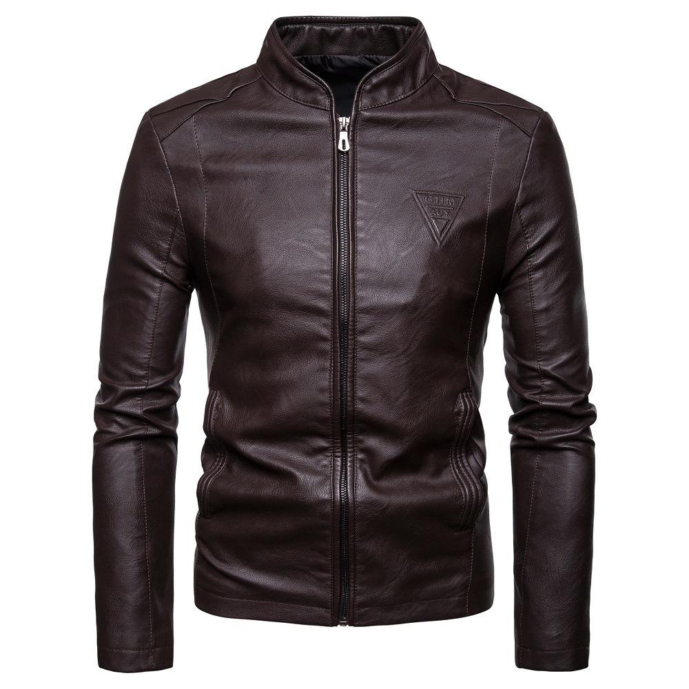 Autumn new men's slim-fit stand-up collar PU leather jacket jacket European and American motorcycle leather jacket