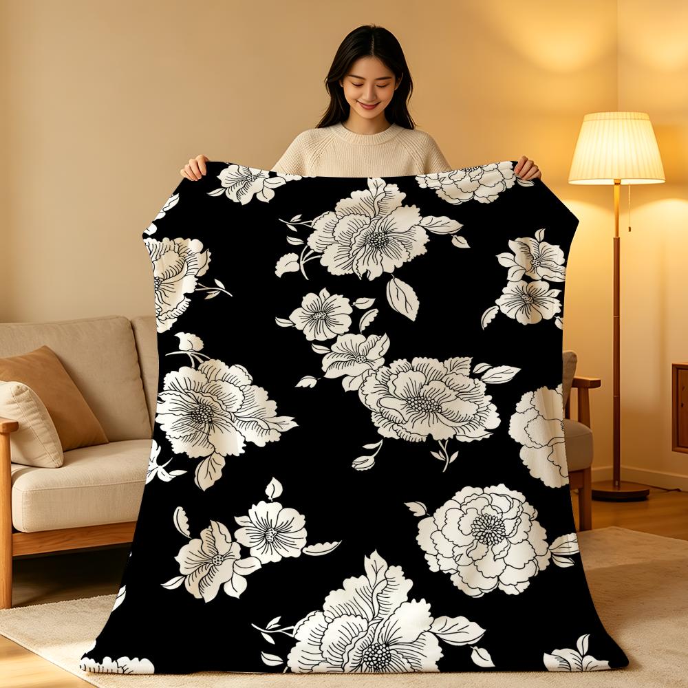 Art B-Black a-and W-White Floral Throw High-Density Short Plush Blanket Soft Skin-Friendly for Sofa Nap Air-Conditioned Room