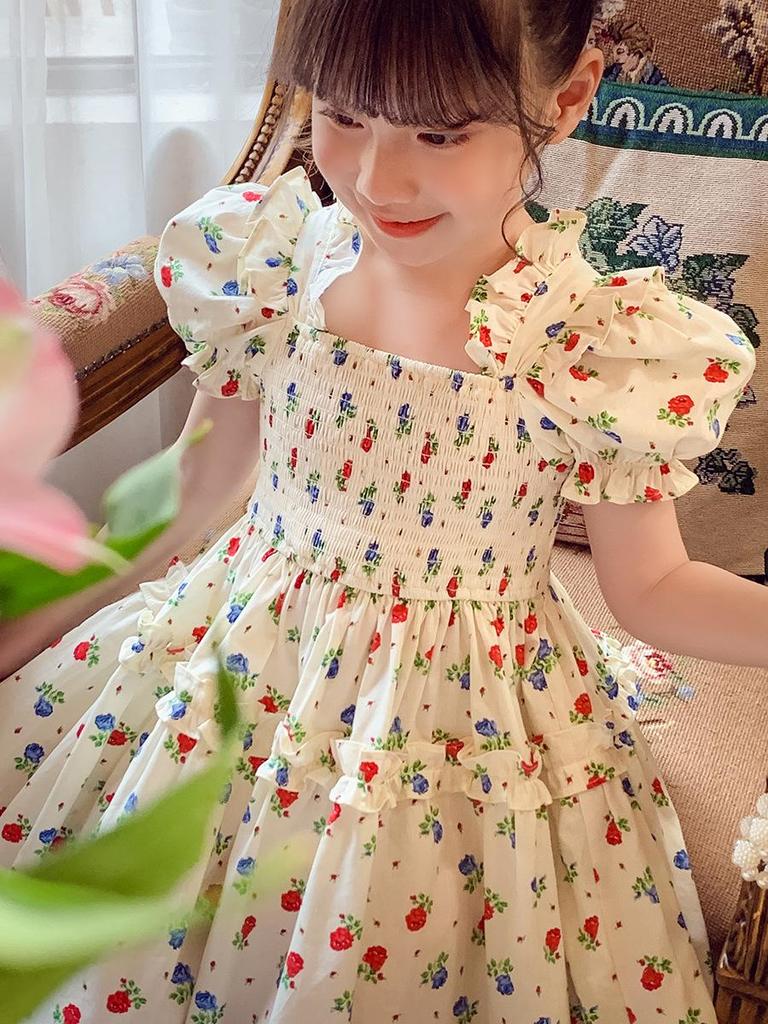 Clearance: Girls' Floral Smocked Short-Sleeve Dress - Summer 2025 Korean Style