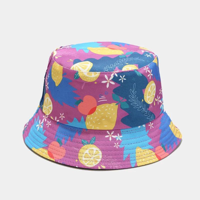 Summer Fruit Print Double-Sided Wearing Bucket Hats For Women Men Colorful Pineapple Lemon Panama Fisherman Caps Outdoor Sun Hat