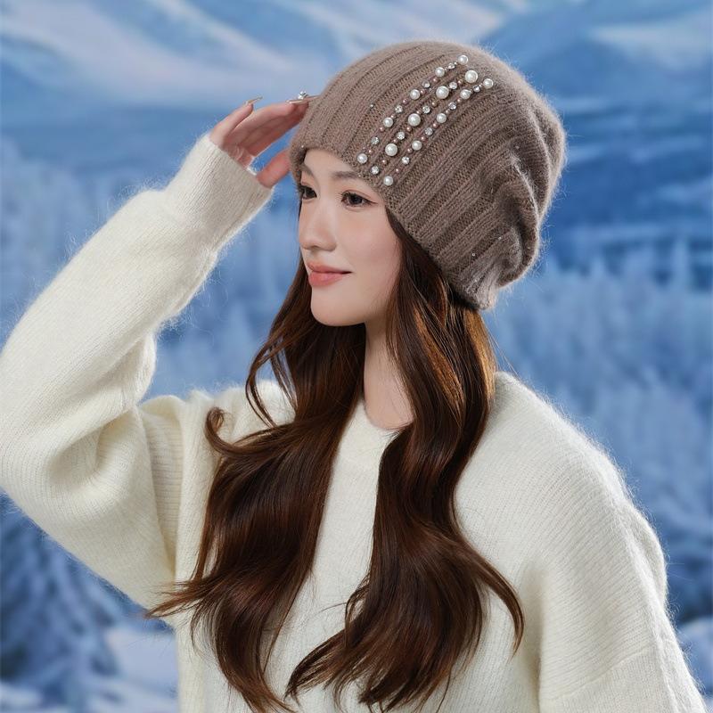 Rabbit Fur Pullover Knitted Hat Women Autumn and Winter Warm Wool Hat Fashion Pearl Headgear Outdoor