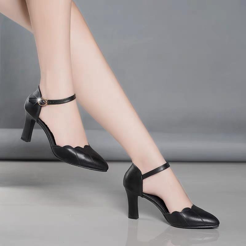 Fashion 2024 High-heeled Solid Color Sandals Female Fairy Style Summer New Baotou One-word Buckle Thick Heel Ladies Comfortable Shoes