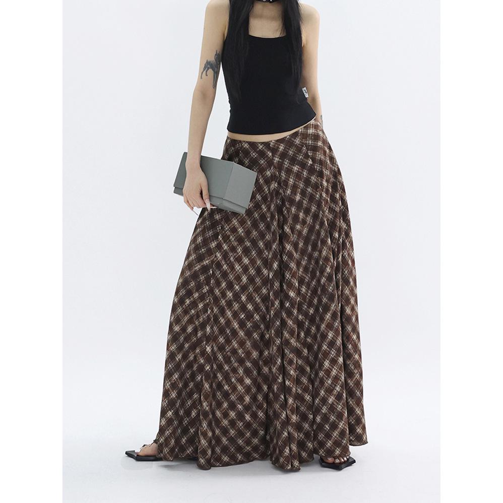 Korean Style Retro Plaid Long Swing Skirt - Women's High Waist, Lightweight, Drapey Midi Skirt
