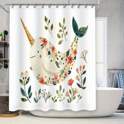 Creative Unicorn Shower Curtain with Fresh Floral Design for Bathroom Decor Waterproof Fabric Printed Linen Bath Mats Home Acc