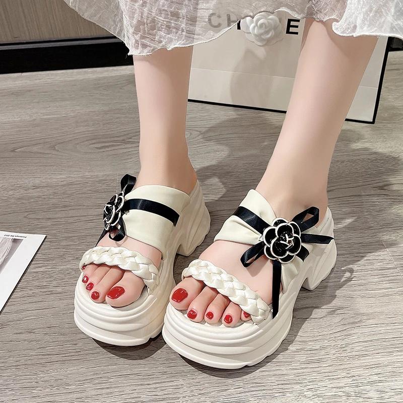 9CM Heels Chunky Slippers For Women Open Toe High Platform Weaving Flower Sandals Woman New Summer Thick Bottom Beach Flip Flops