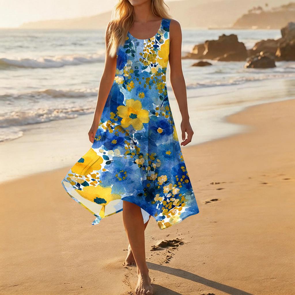 Women's Casual Fashion Round Neck Sleeveless Floral Print Midi Dress with Irregular Hem