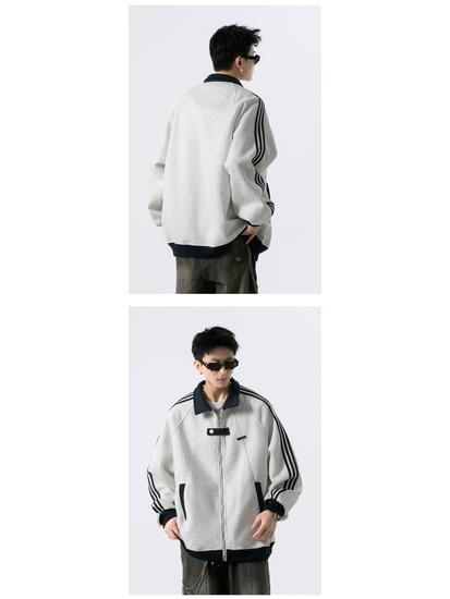 American Three-Stripes Unisex Heavyweight Baseball Jacket - Trendy Autumn/Winter Striped Patchwork Outerwear for Teens
