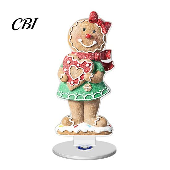 Angel Figurine for Mantel Xmas Acrylic Ornament, 2D Flat Tree Gingerbread Man Ornament with Christmas Tabletop Ornaments Rotatable Base, Table