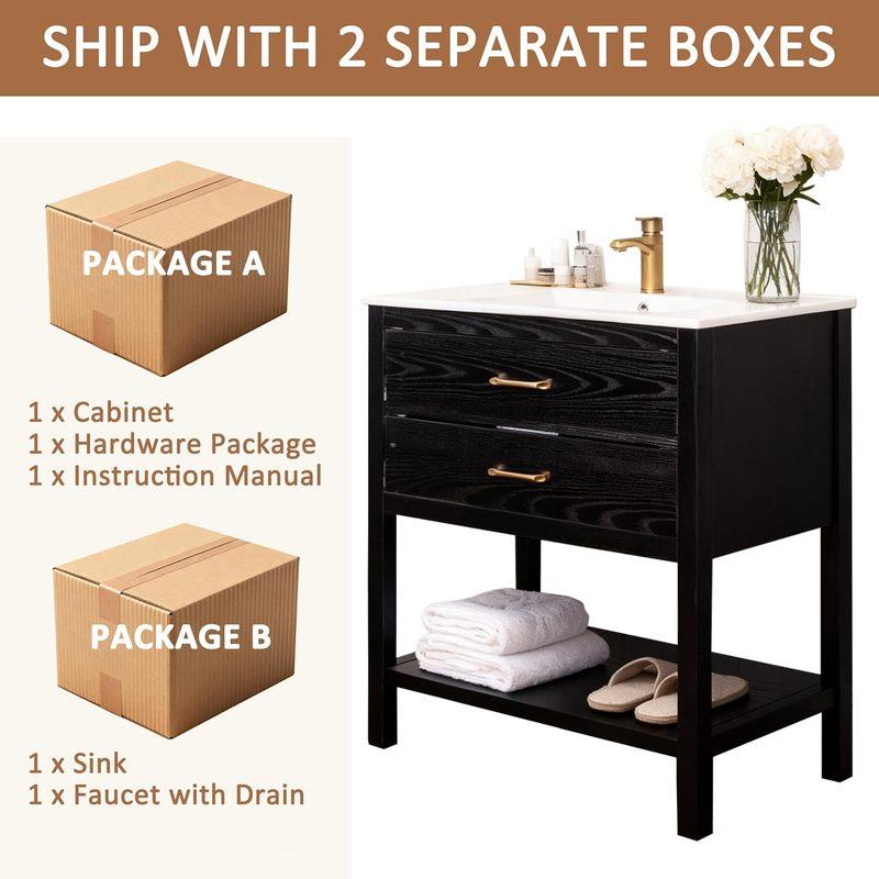 30" Bathroom Vanity with Sink, Farmhouse Freestanding Bathroom Cabinet with 2 Drawers & Open Shelf, Metal Handles,, Customized