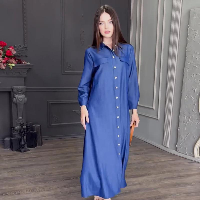 

2024 Осень Европейский и американский женский однотонный рубашечный сарафан с отложным воротником и застежкой на несколько пуговиц Extra Extra Large синий