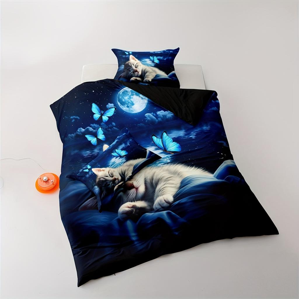 Animal Print Polyester Duvet Cover Set With Zipper Closure - Breathable, All-Season Digital Printed Cat And Butterfly Theme