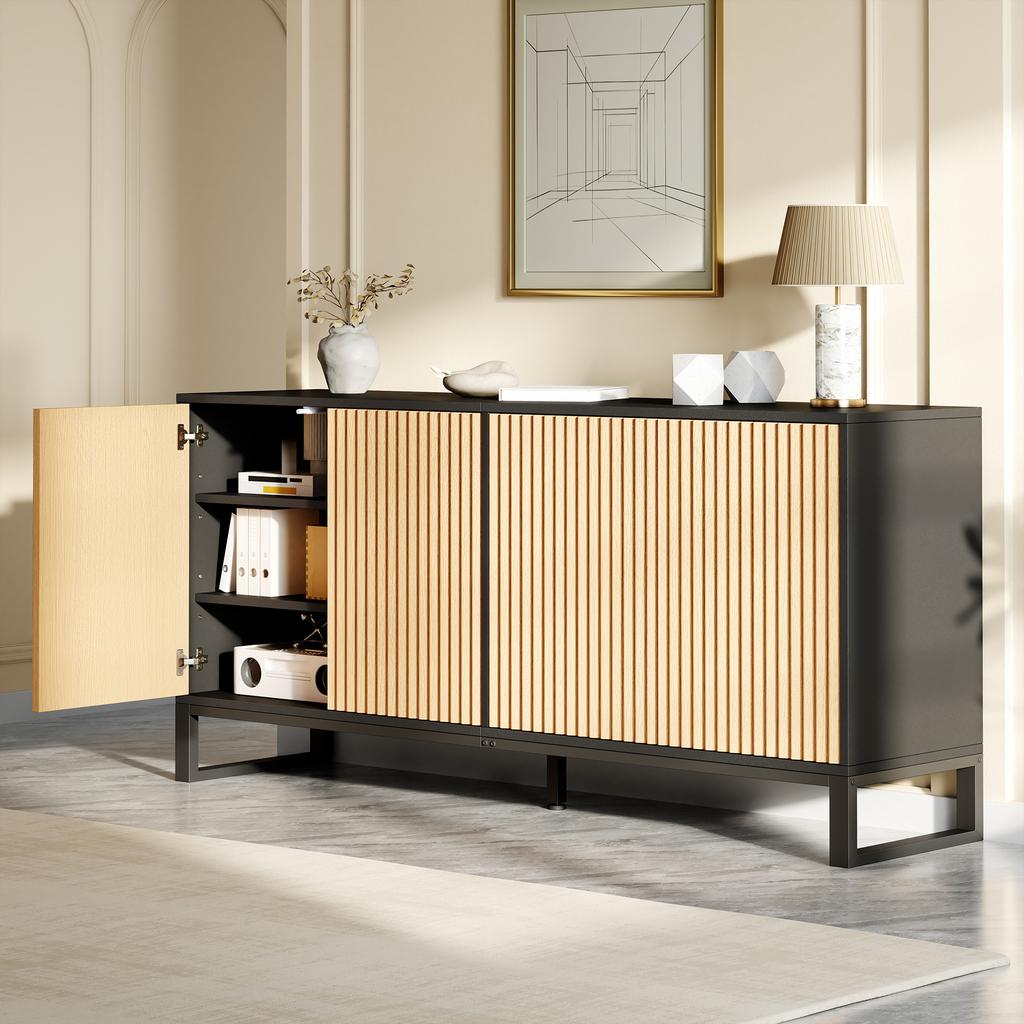 Credenza Mobile Porta Scarpe Scanalato Verticalmente 4 Ante a Battente Ripiani Regolabili in Altezza Struttura Nera Ingresso Sala da Pranzo Soggiorno Mobile Contenitore