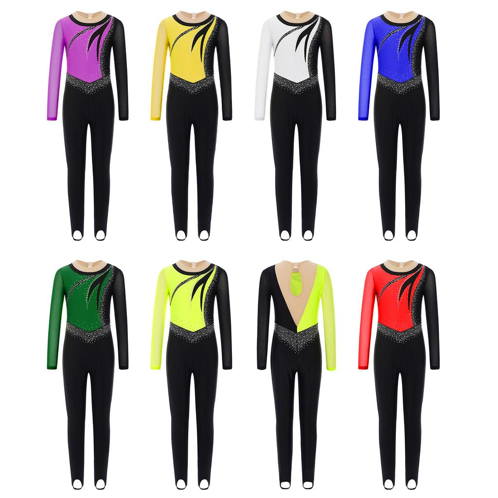 Girls Performance Jumpsuit Color Block Design Mesh Patchwork Long Sleeve Keyhole Back Rhinestone Dance Wear