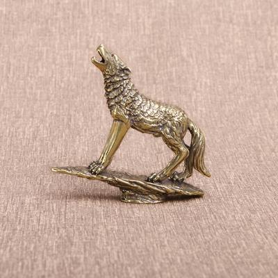 Solid Brass Prairie Rock Stone Wolf Statue Desktop Ornament Table Tea Pet Vintage Copper Animal Figurines Miniatures Decorations