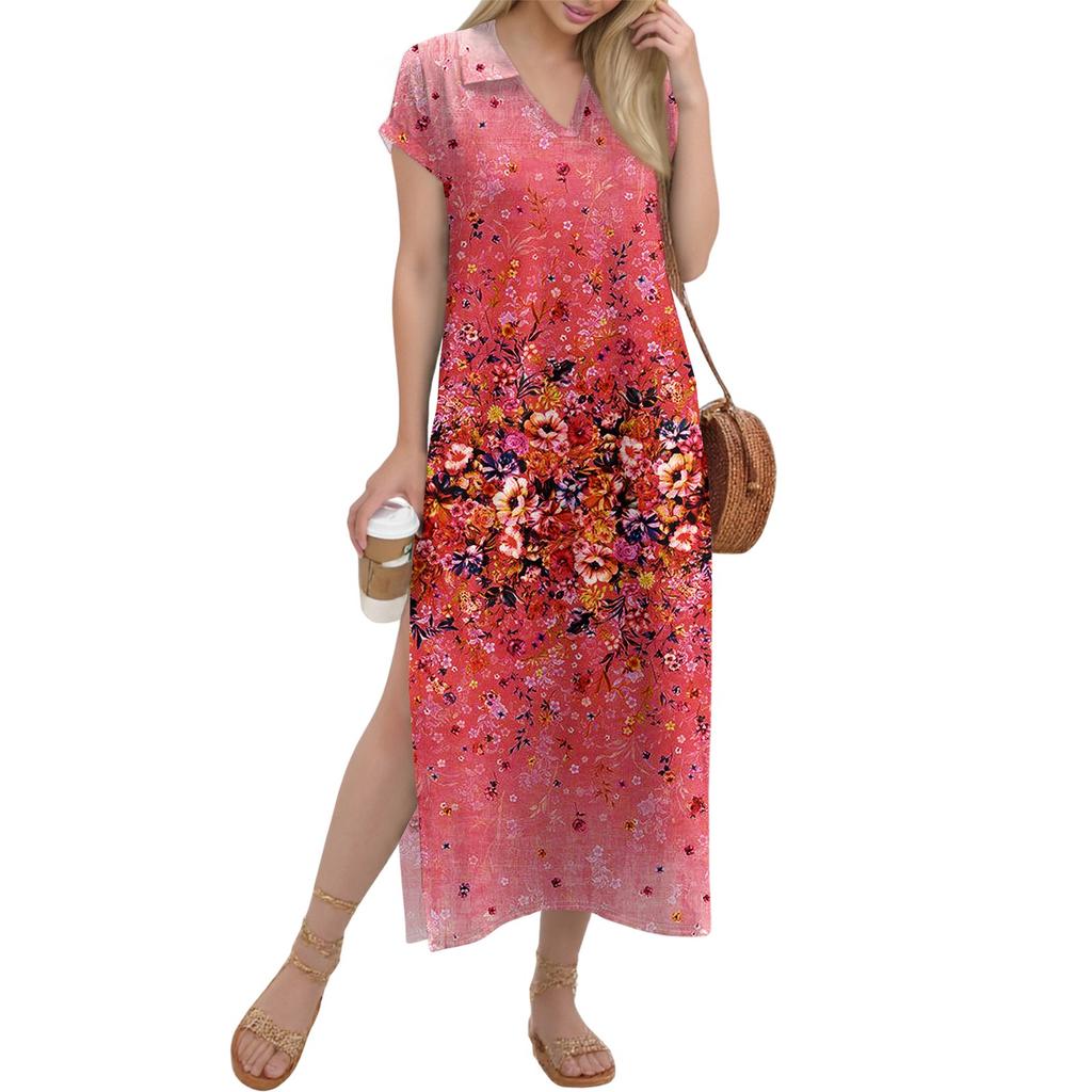 Damen Langer Rock Lässiges V-Ausschnitt Langes Hemdkleid Lockerer Schlitz Urlaub Kurzarmkleid