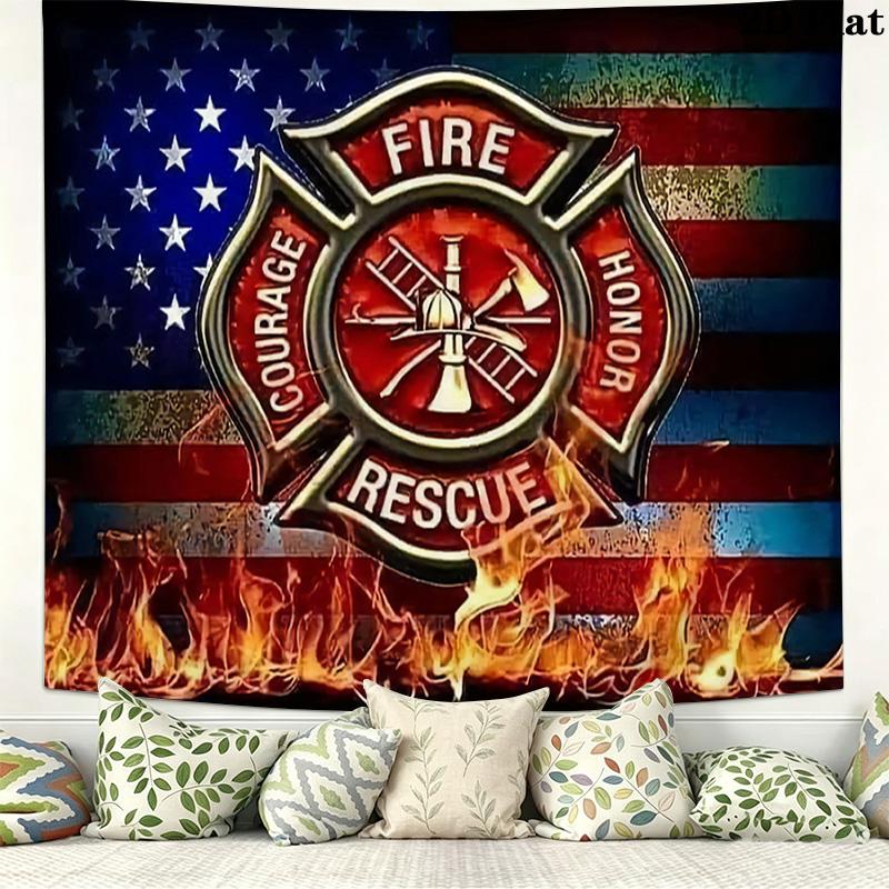 Firefighter Fire Rescue Wall Tapestry Aesthetic Wall Hanging Printed Fabric Blanket Decorative Tapestries for Bedroom Living Room Home Decor