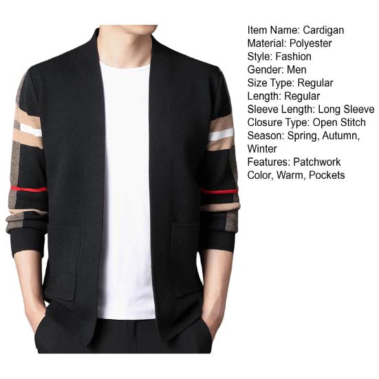 Long Sleeves Pockets Thickened Warm Cardigan Sweater Men Autumn Winter Patchwork Color