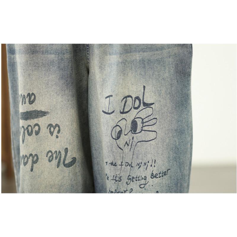 Dimanaf 2025 New Summer Basic Elastic Jeans Pants Women Loose Denim Printing Trousers Big Casual Blue Pants