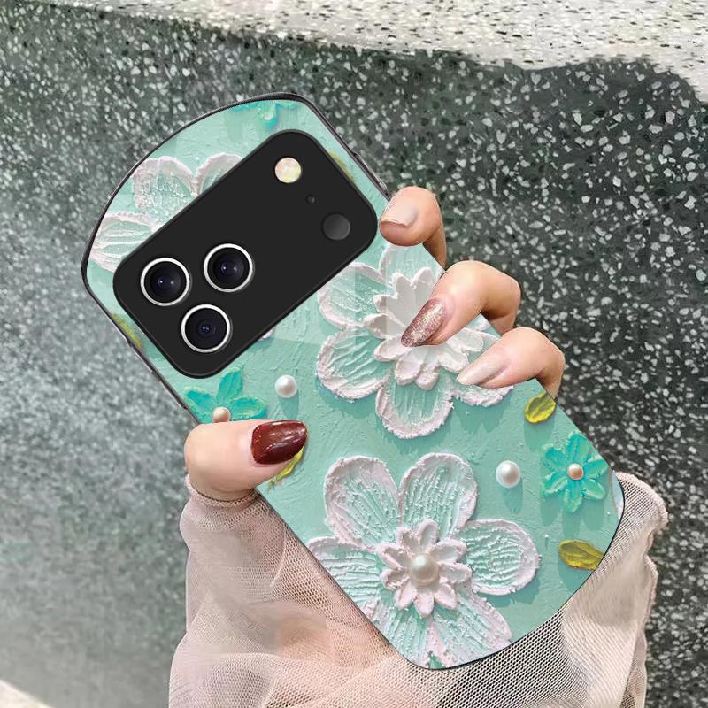 Cream rice white petals For iPhone 17 Air 16 15 14 Pro 13 Plus 12 mini 11 Pro Max XR X 7 8 Elliptical Tempered Glass Phone Case