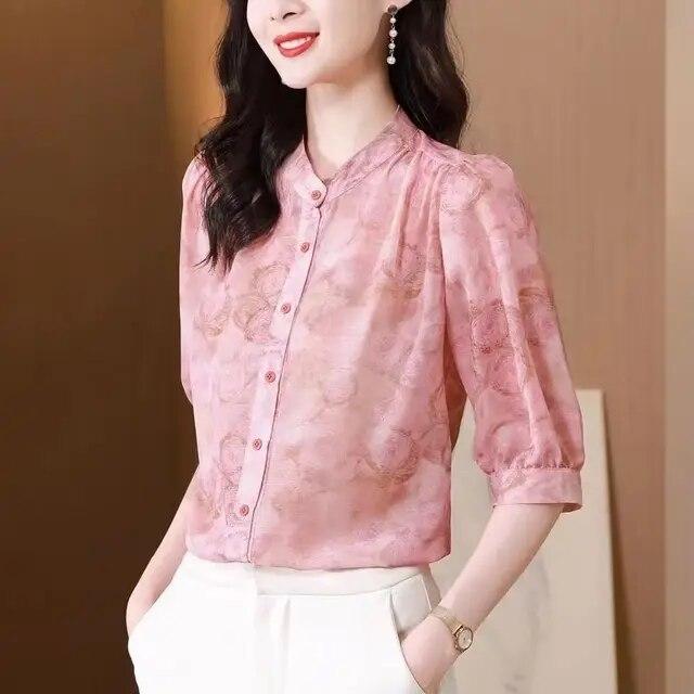 Chiffon-Hemd mit Blumendruck, Damen-Bluse mit 3/4-Ärmeln, Sommer, neues lockeres Oberteil mit rundem Kragen, M-4XL