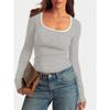 Women's Square Neck Long Sleeve Slim Fit Contrast Trim Ribbed Knit Basic Tee Fashion Crop Top
