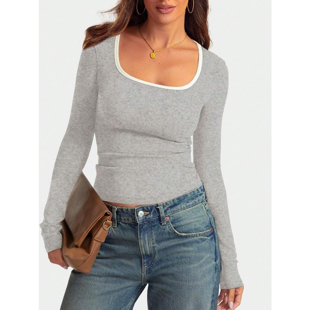 Women's Square Neck Long Sleeve Slim Fit Contrast Trim Ribbed Knit Basic Tee Fashion Crop Top