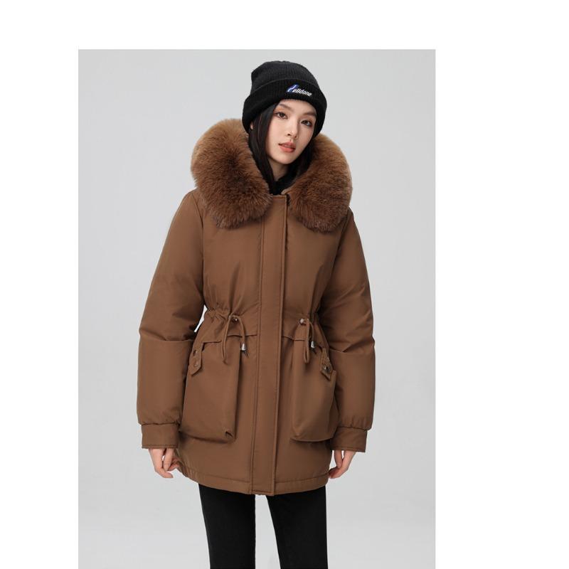 

Женская куртка-парка с капюшоном, ветрозащитная, легкая, утепленная, пушистая, теплая, для холодной погоды, средней длины, повседневная, спортивная, хлопковая куртка с воротником из искусственного меха XXXL темно-коричневого