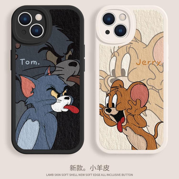 Couple phone case cat and mouse apple 16 cartoon tom 13 jerry cartoon 15/7plus oil painting lambskin