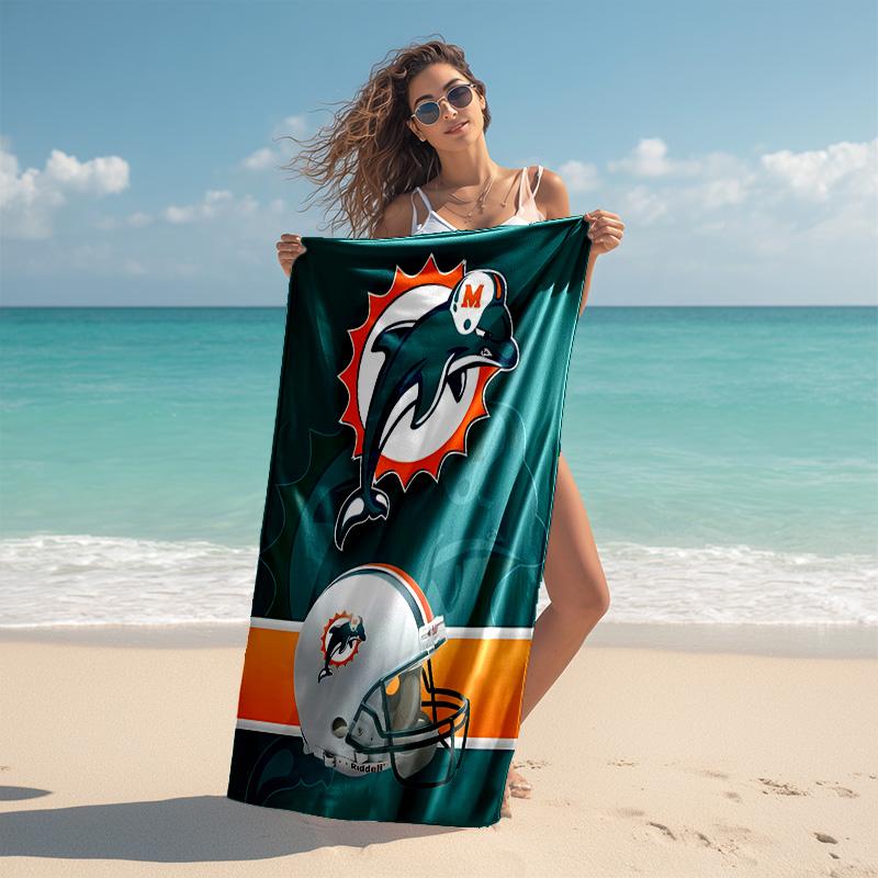 proof beach towel with Miami Dolphins logo pattern - soft,absorbent,quick-drying,machine washable - perfect for swimming,camping,bathing