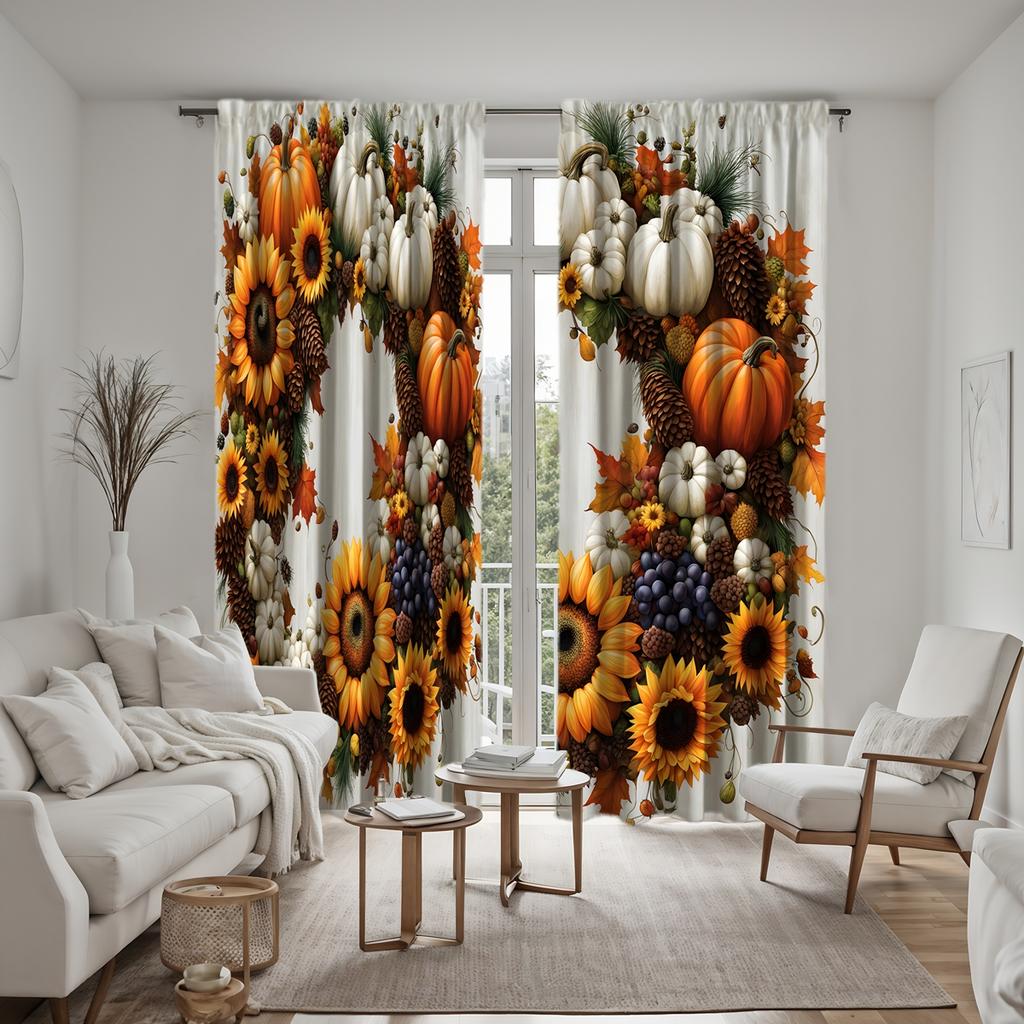 2pcs HD Vintage Vintage Harvest Festival pumpkin fruit decorative curtain Yellow tie digital printed curtain Home decoration