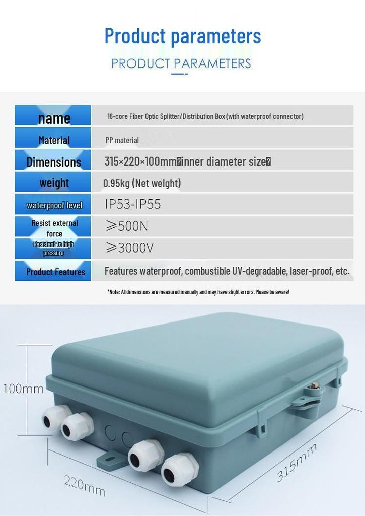 Dual-Use Fiber Optic Splitter Box: 16-Core Indoor/Outdoor, 24-Core FTTH Hallway, Pole & Wall Mount.