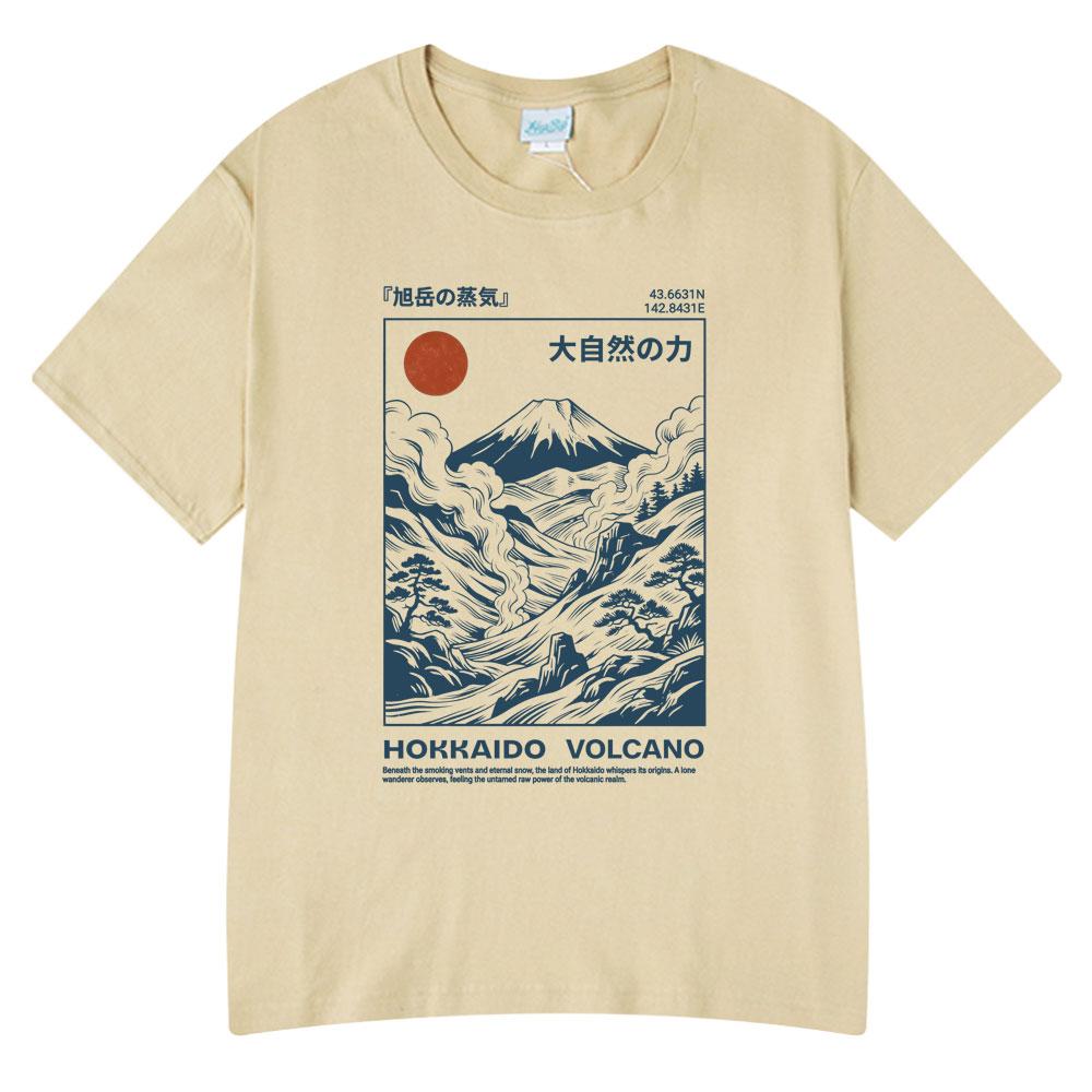 Hokkaido Volcano Illustration T-shirt Retro Okiyo-e Style Japanese Mountain Art TShirt Unisex Short Sleeve Cotton Casual Streetwear