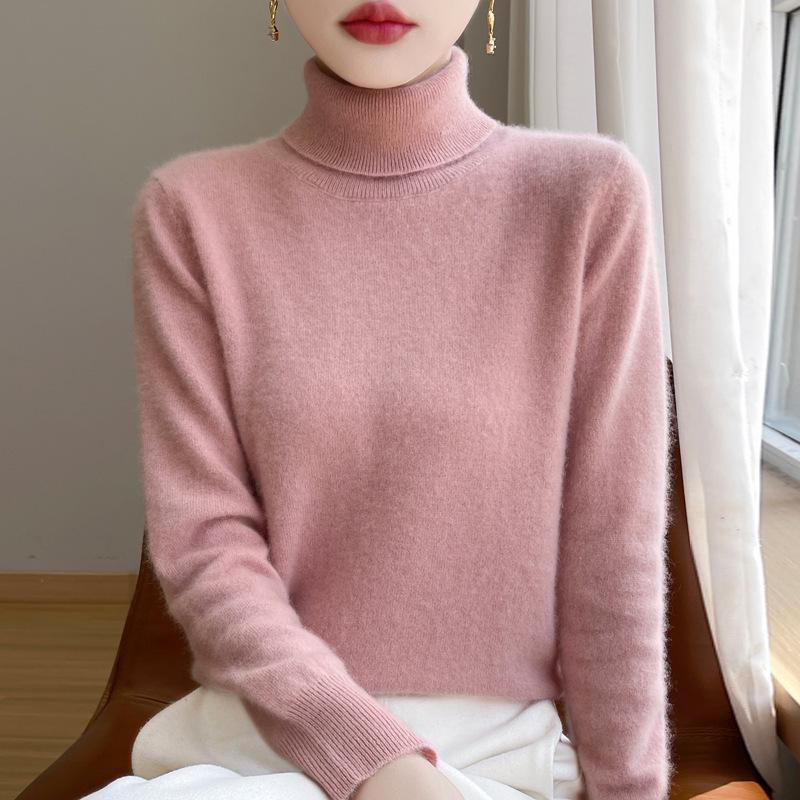 Damski sweter wełniany z wysokim dekoltem: Jesień Zima Moda Jednolity Kolor Dzianina