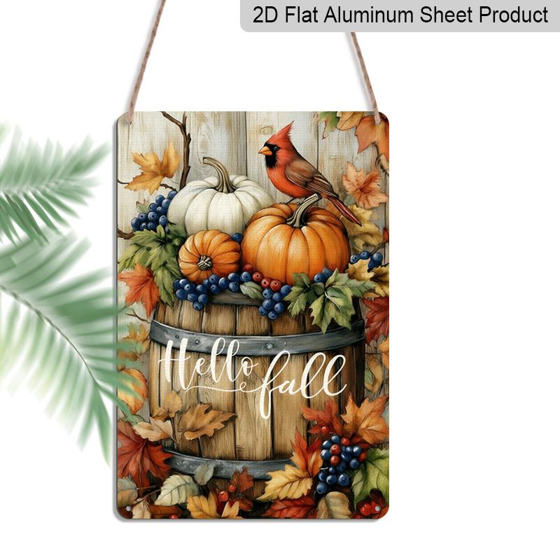 2D Flat Hello Fall Barrel Pumpkin Cardinal Bird Autumn Metal Sign - 8.0x12.0inch Aluminum Wall Art, Rustic Maple Leaf Berries Farmhouse Front Door 20*30cm