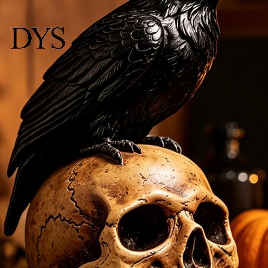 Creepy Gothic Accents Halloween Skull Figurine, Realistic Human Head Statue, Crow on Statue Sculpture for Home Tabletop Mantel Decor Decorations