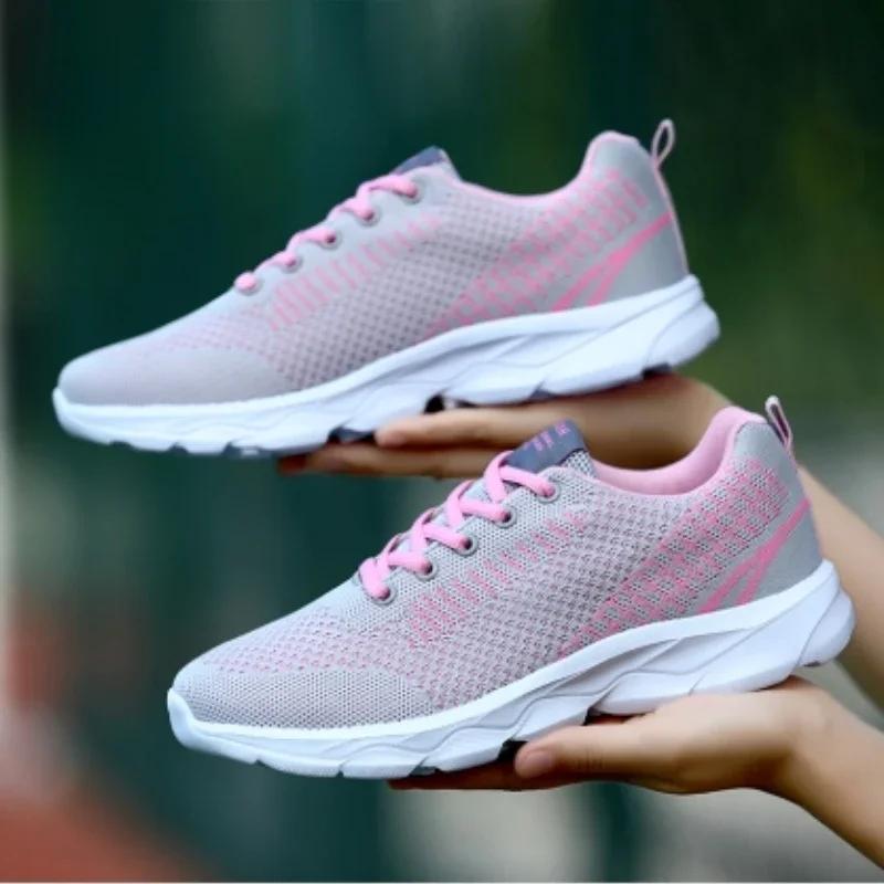 Spring And Summer Fashionable Solid Color Breathable Round Toe Sneakers New Casual Comfortable Thick-Soled Lace Up Women'S Shoes